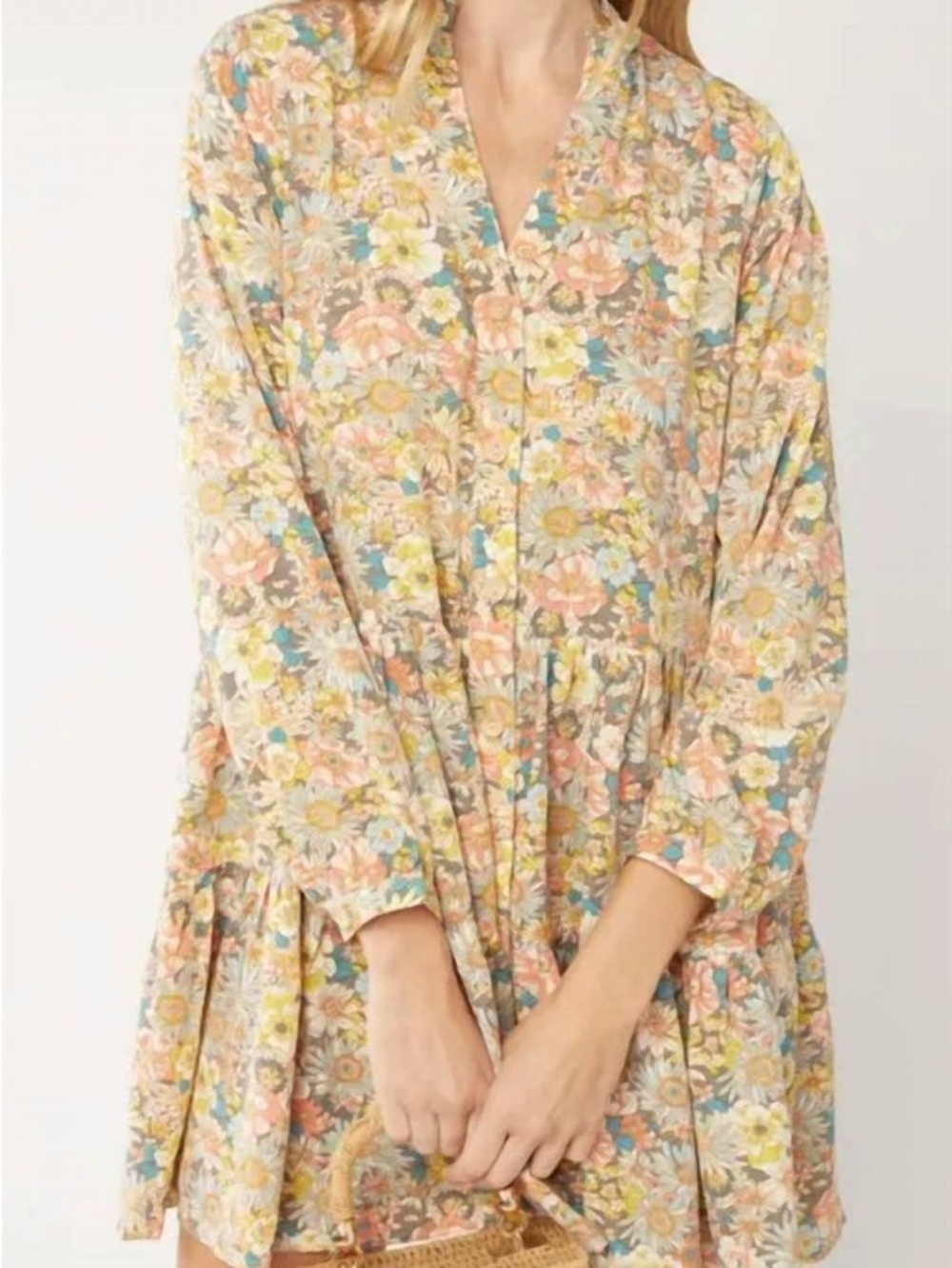 Metro Floral Tiered Long-Sleeve Babydoll Dress - Peach Multi EUC